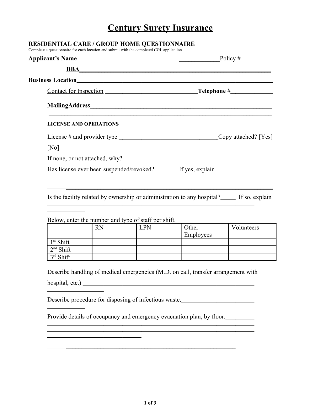 Residential Care / Group Home Questionnaire