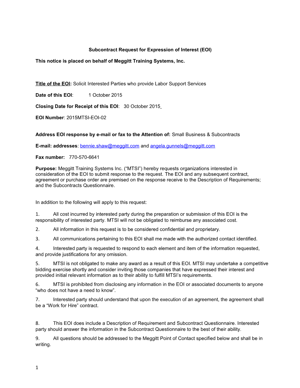 Subcontract Request for Expression of Interest (EOI)