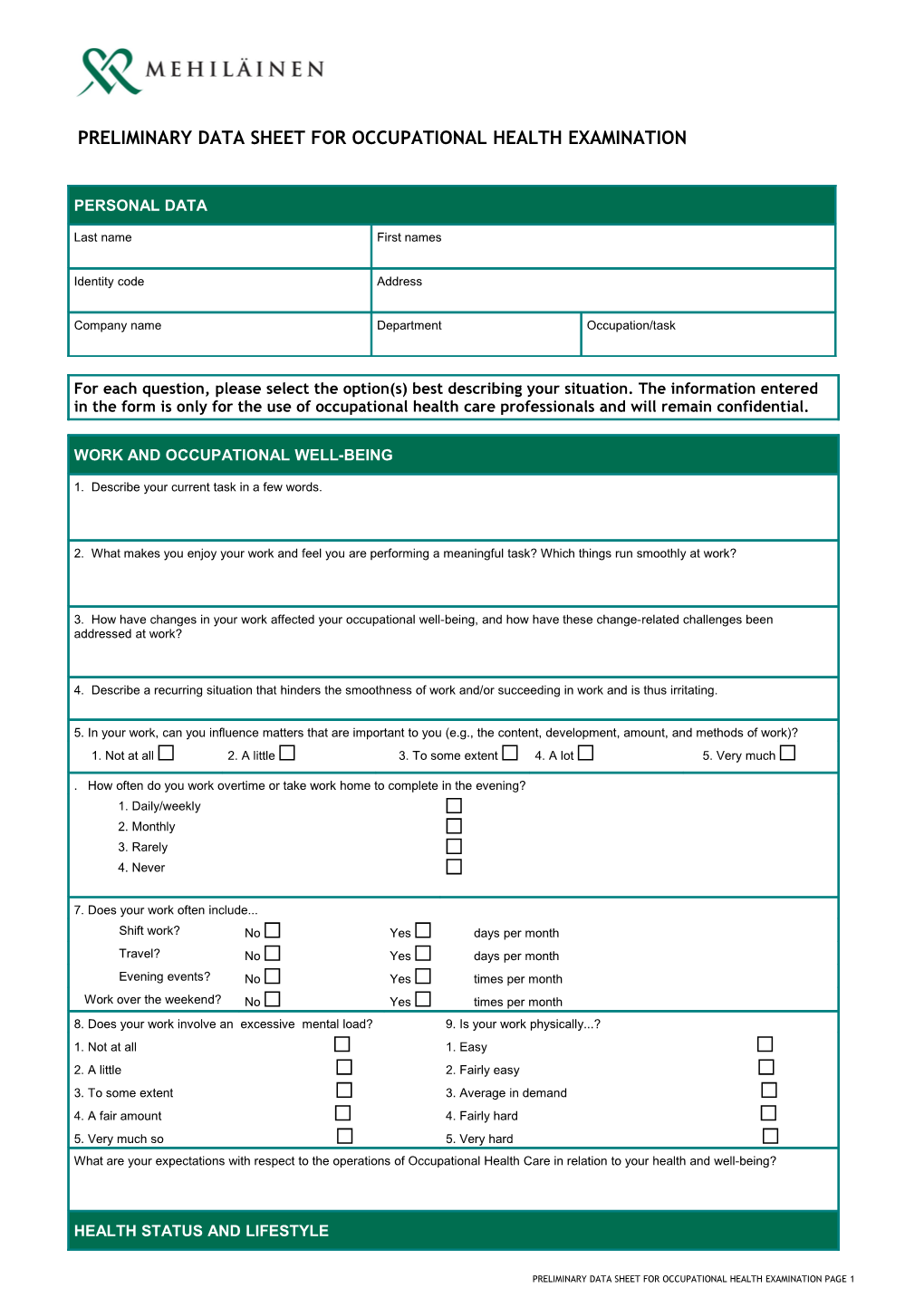 Preliminary Data Sheet for Occupational Health Examination