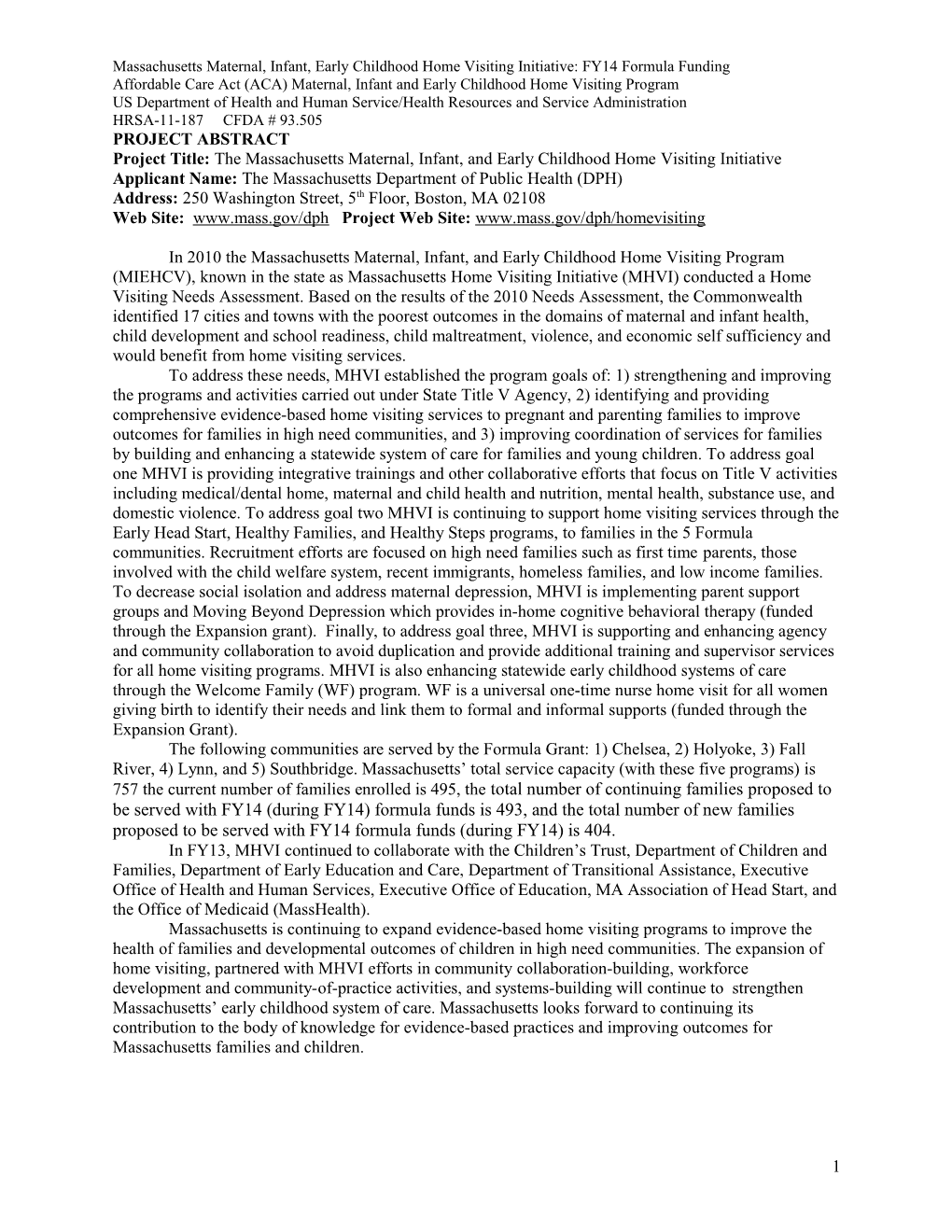 Massachusetts Maternal, Infant, Early Childhood Home Visiting Initiative: FY14 Formula Funding