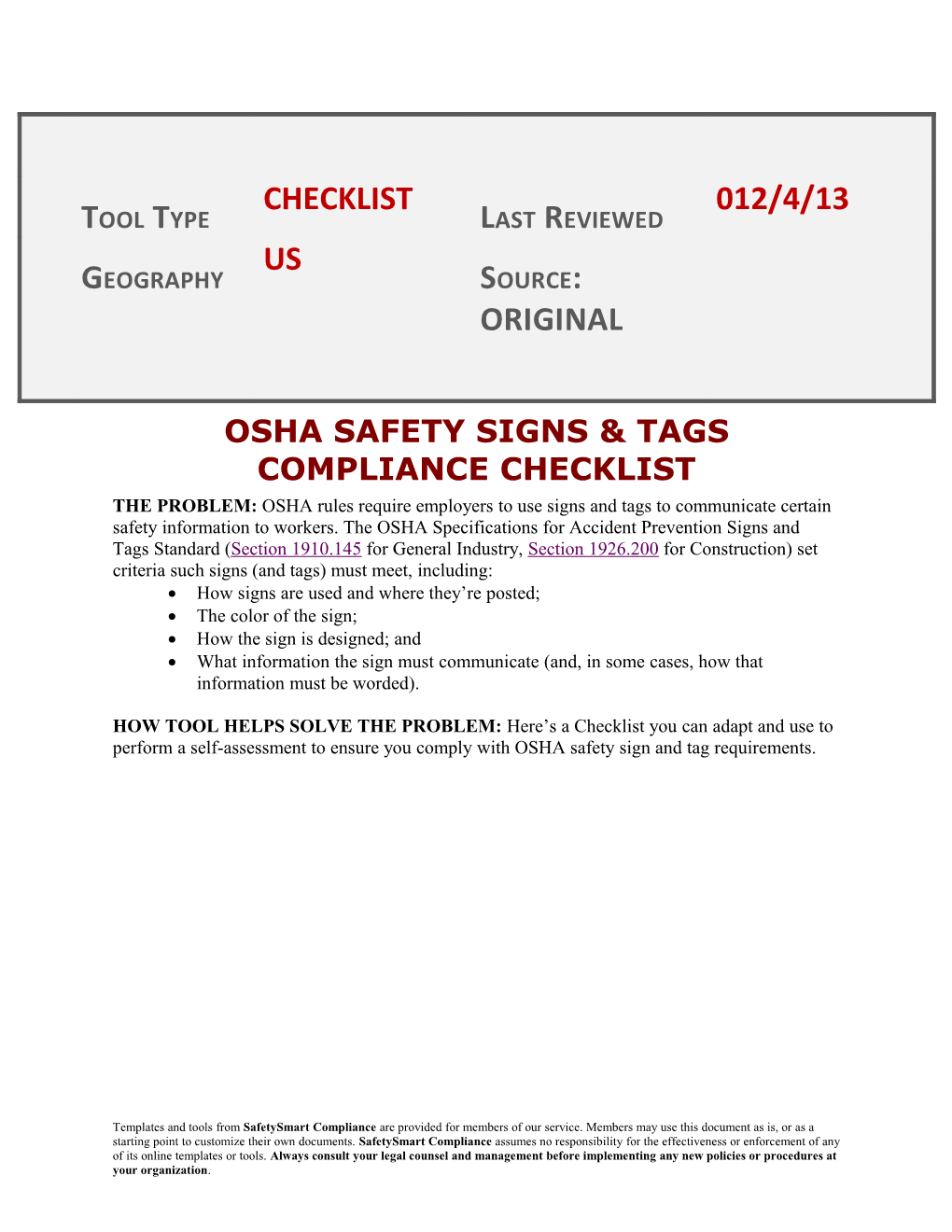 Osha Safety Signs & Tagscompliance Checklist