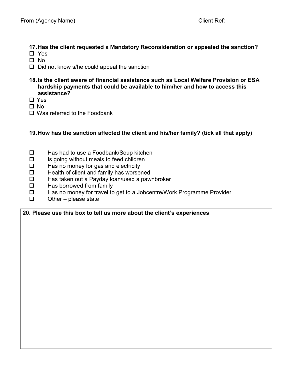 JSA Sanctions Client Questionnaire
