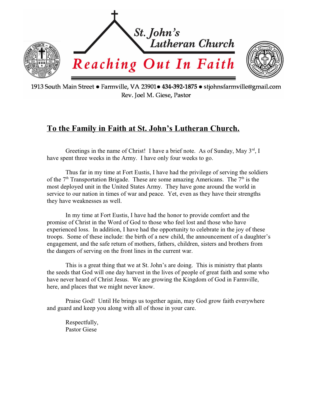 To the Family in Faith at St. John Slutheranchurch