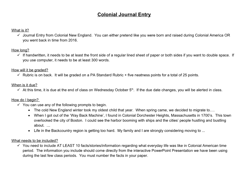 Colonial Journal Entry