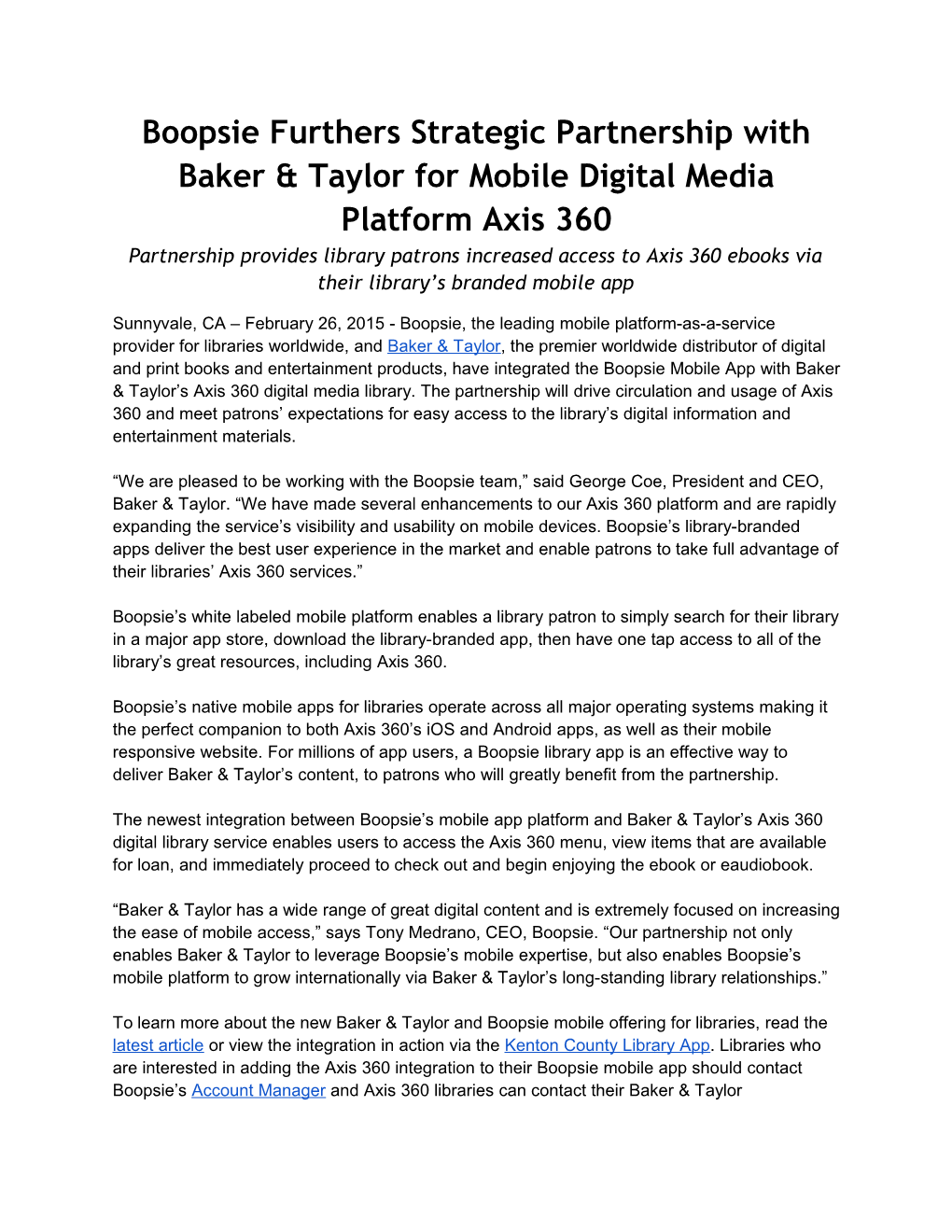 Baker & Taylor Axis360 Partnership