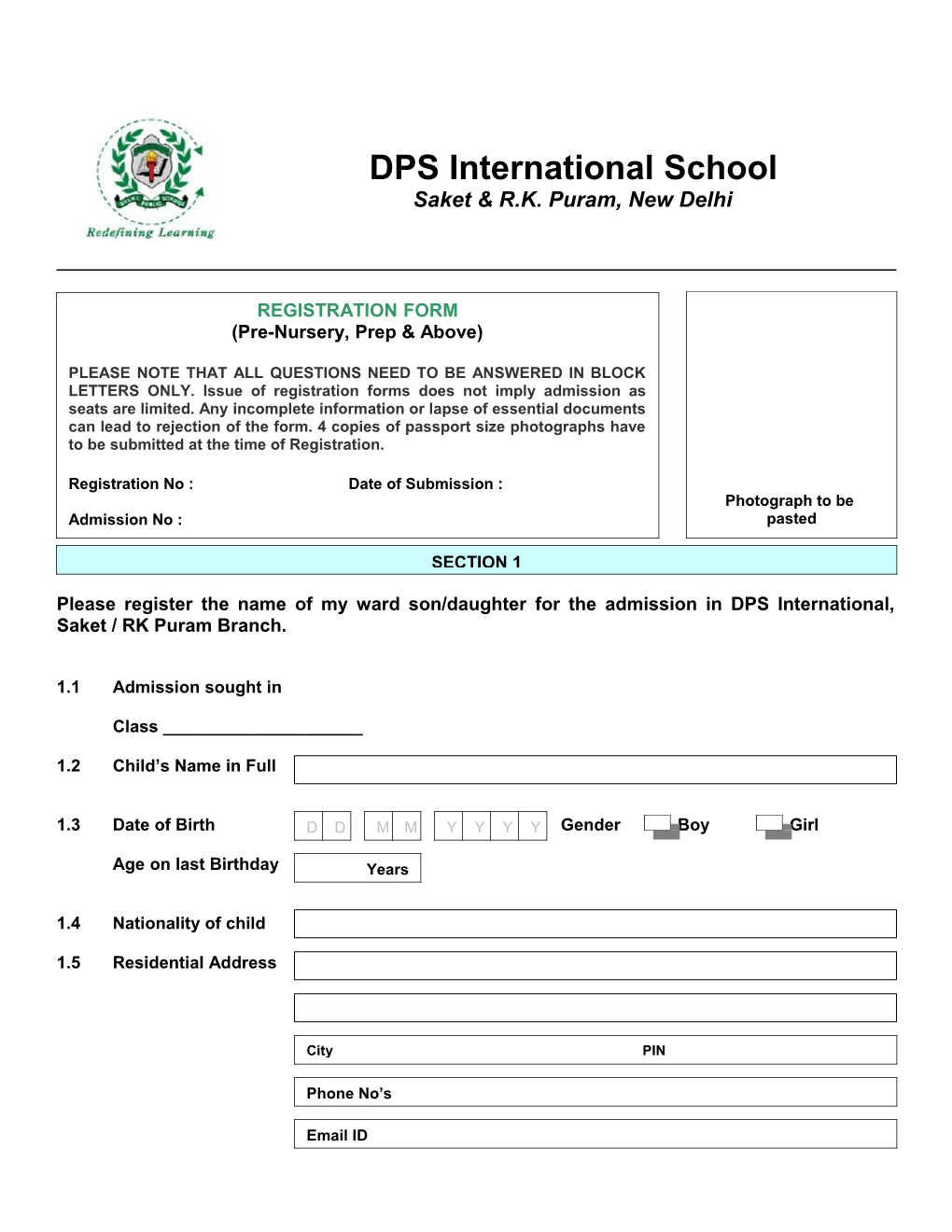 Please Register the Name of My Ward Son/Daughter for the Admission in DPS International