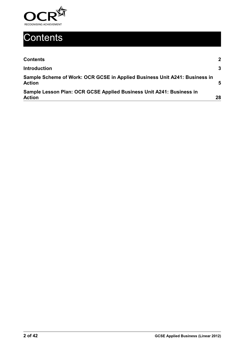Sample Scheme of Work: OCR GCSE in Applied Business Unit A241: Business in Action