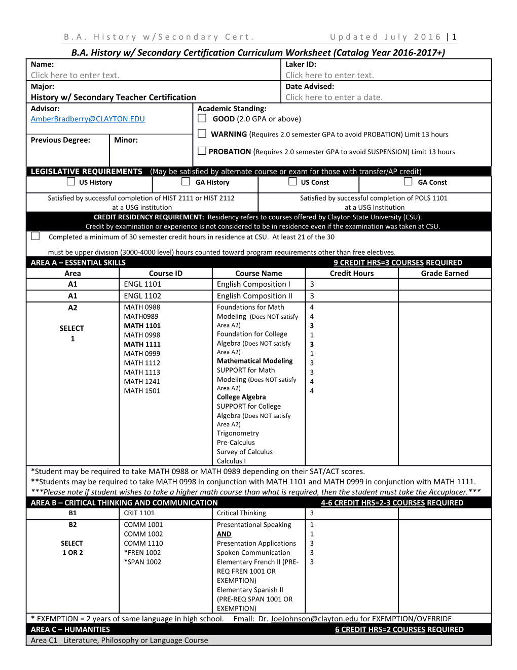 B.A. History W/ Secondary Certification Curriculum Worksheet (Catalog Year 2016-2017+)