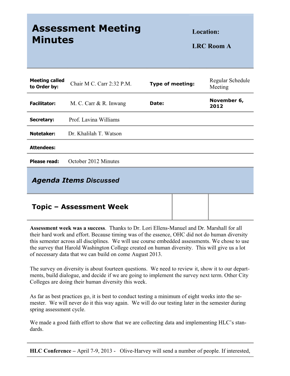 Assessment Meeting Minutes