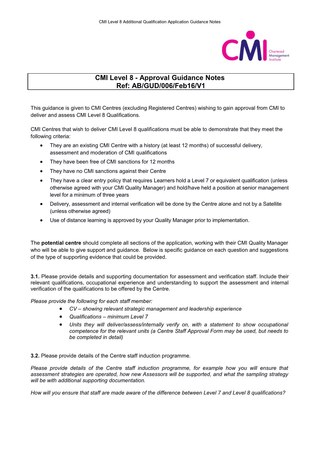 CMI Level 8 Additional Qualification Application Guidance Notes