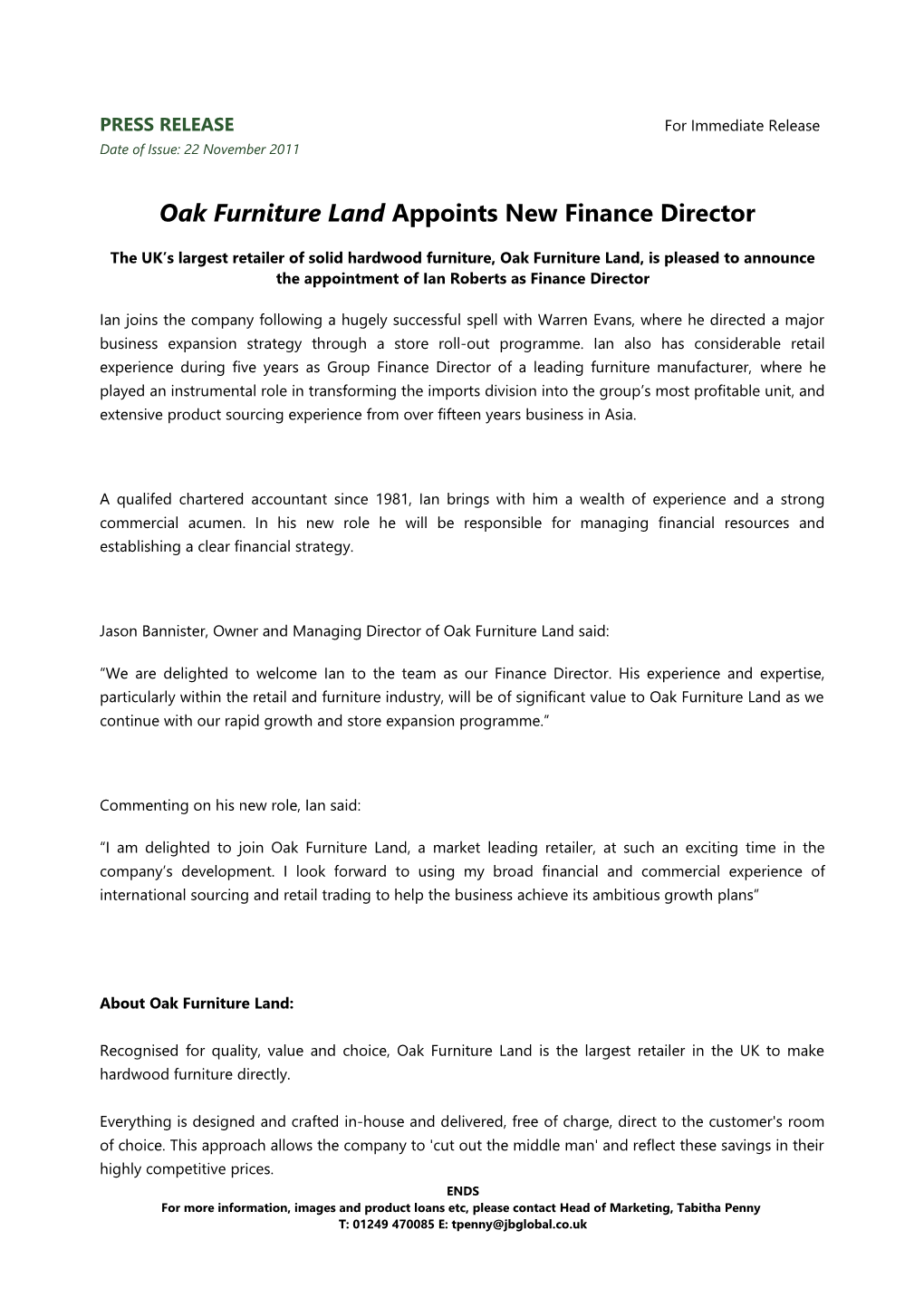 Oak Furniture Landappoints New Finance Director