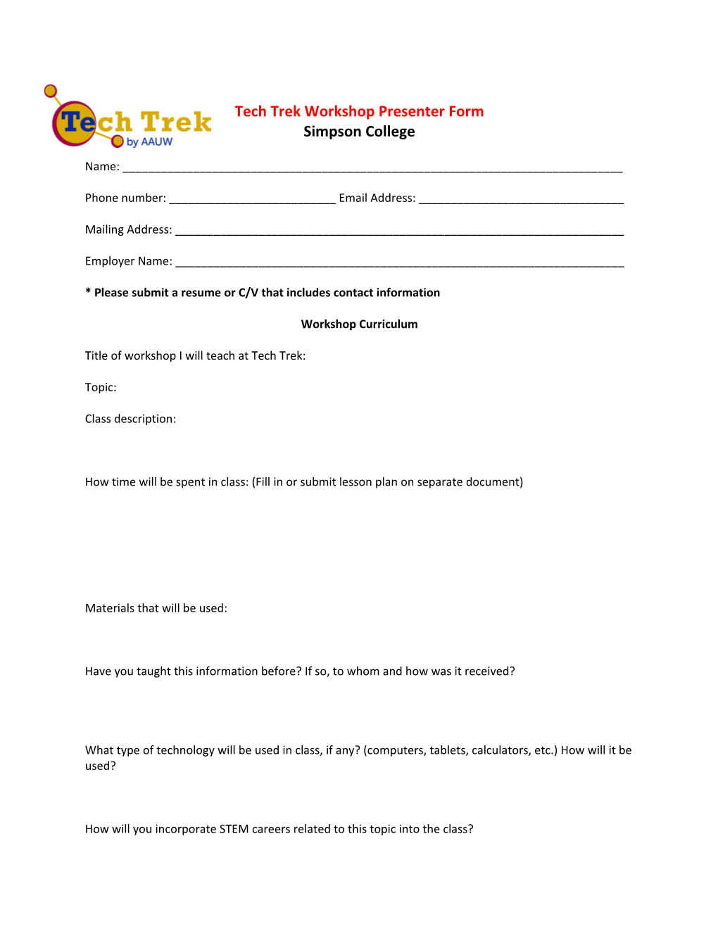 Tech Trek Workshop Presenter Form