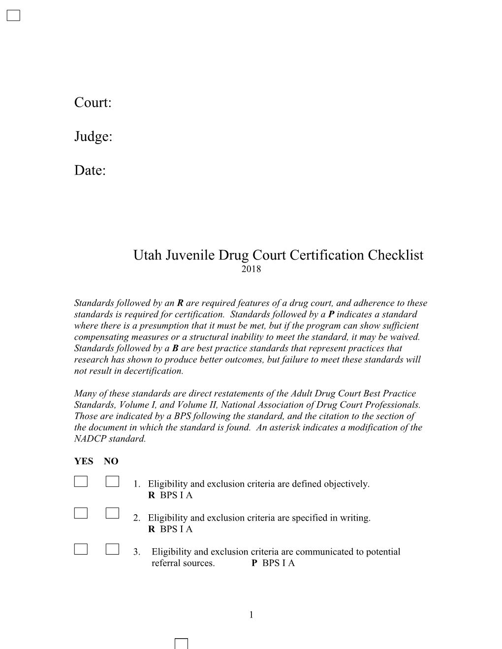 Utah Juvenile Drug Court Certification Checklist - 2018