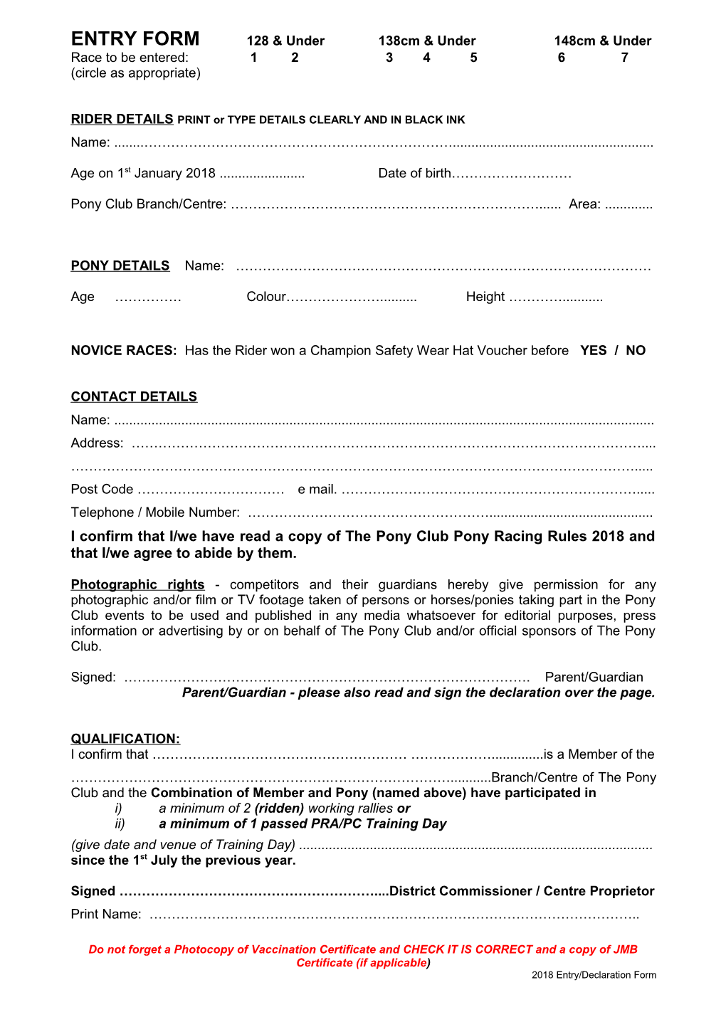 ENTRY FORM128 & Under138cm & Under148cm & Under