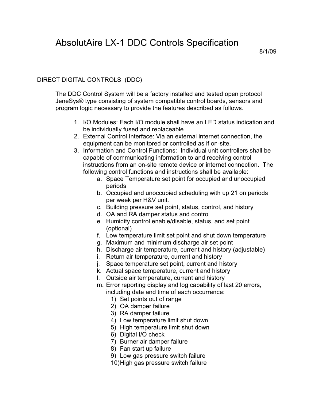 Absolutaire LX-1 DDC Controls Specification 8/1/09