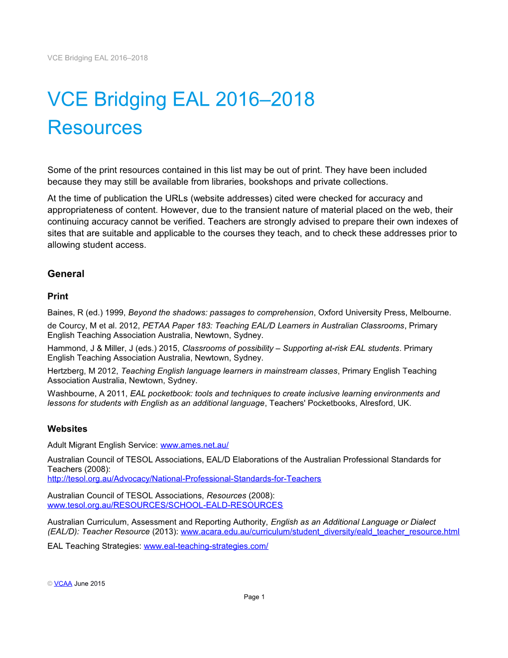 VCE Bridging EAL 2016 2018
