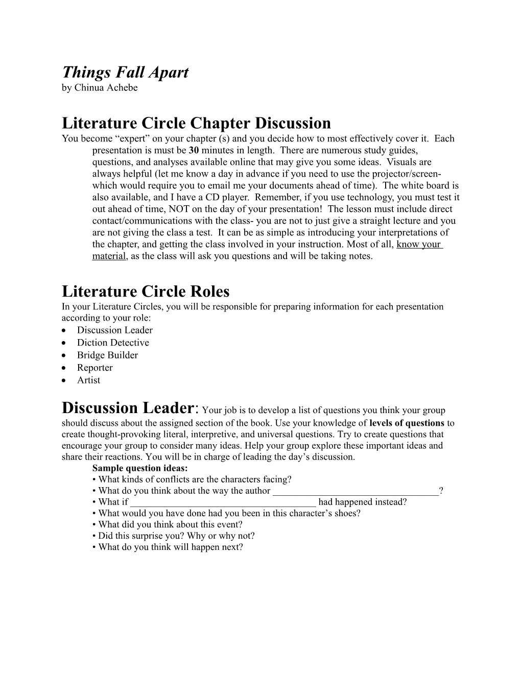Literature Circle Chapter Discussion