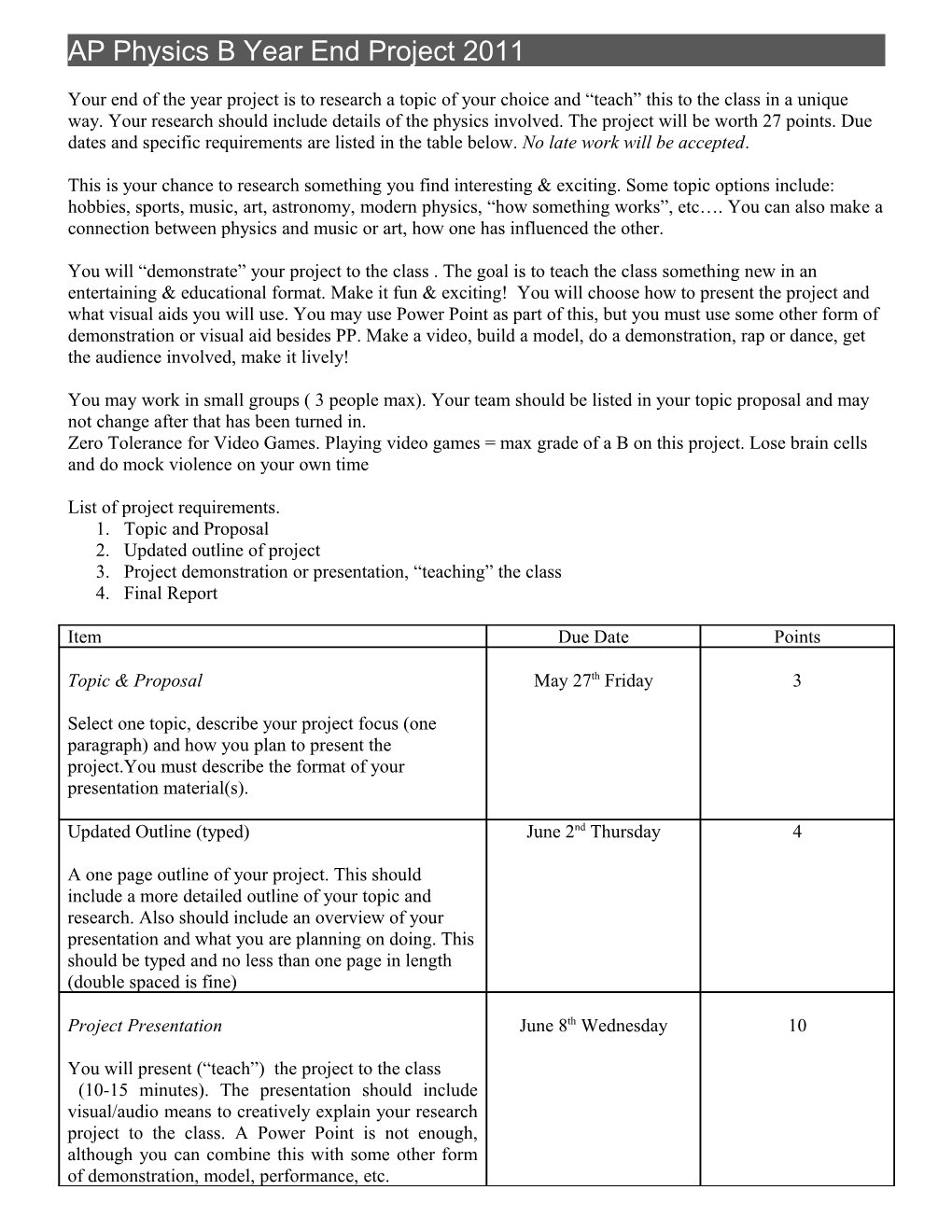 AP Physics B Year End Project 2011