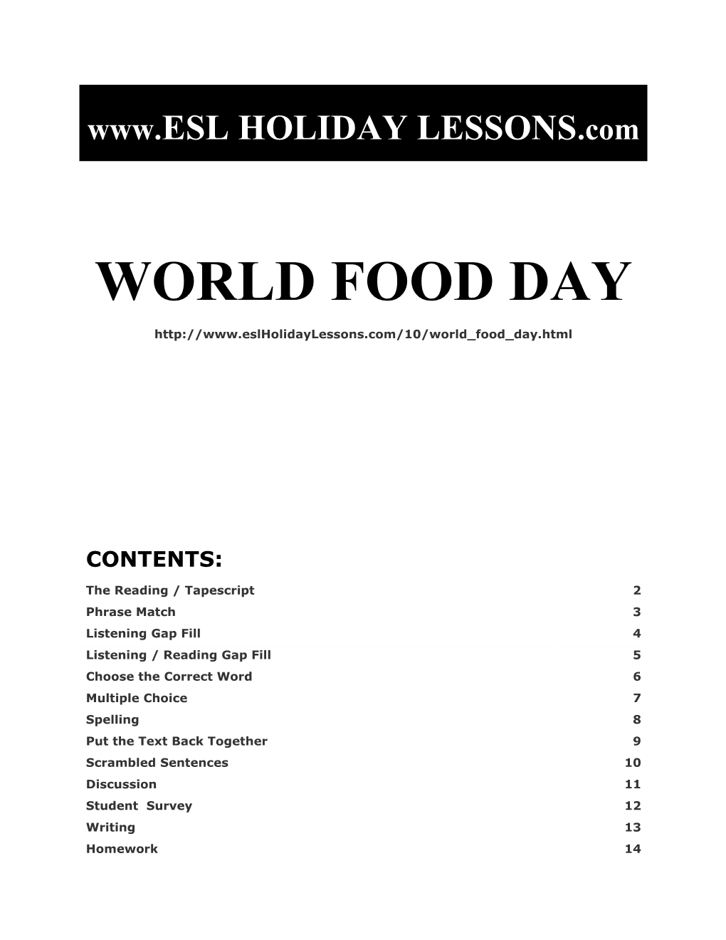 Holiday Lessons - World Food Day