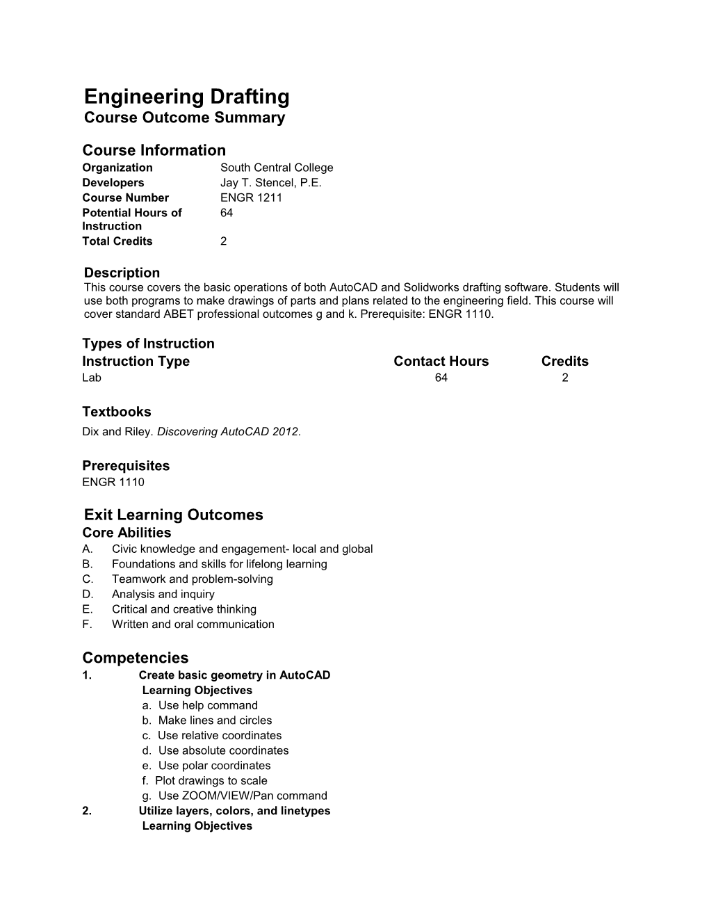 Engineering Drafting Course Outcome Summary