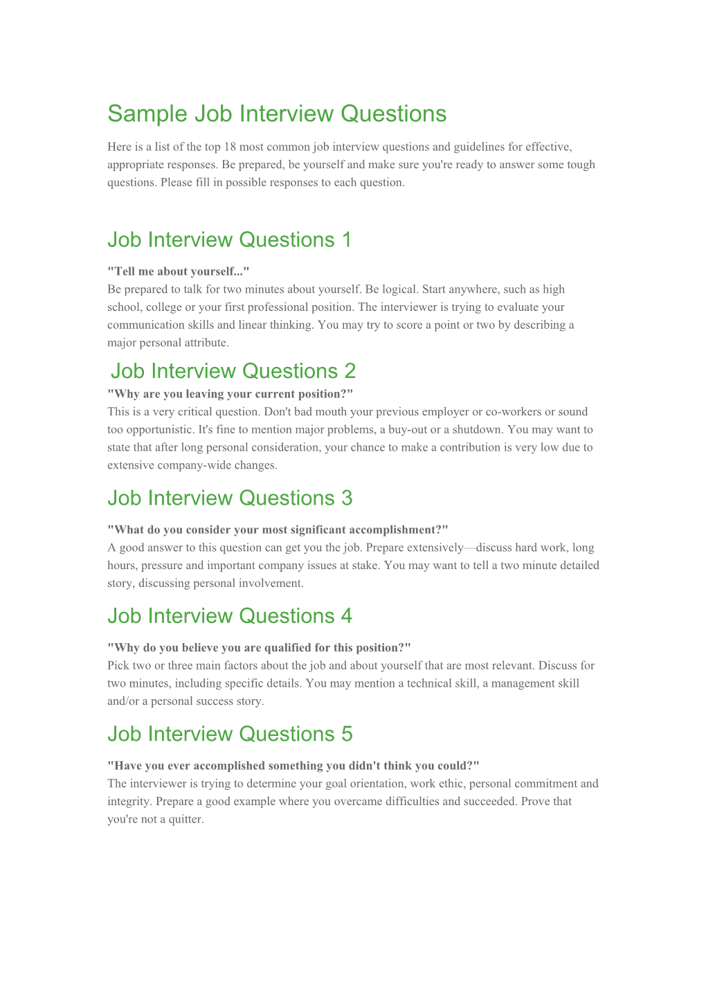 Sample Job Interview Questions