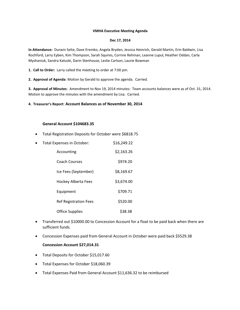 VMHA Executive Meeting Agenda