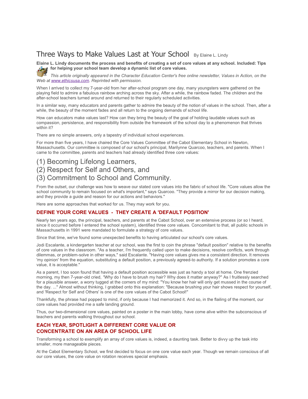 Three Ways to Make Valueslast at Your School by Elaine L. Lindy