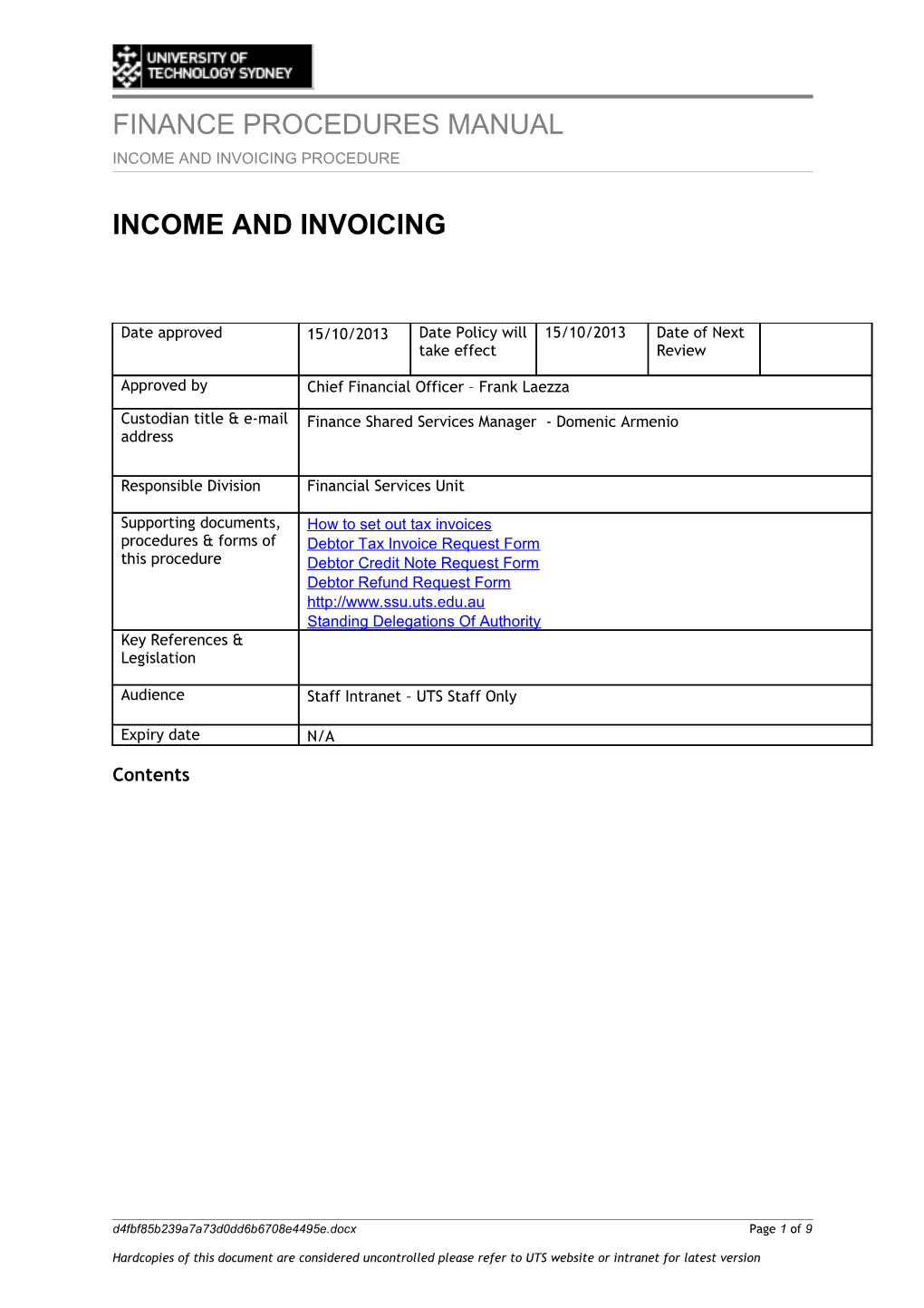 Income and Invoicing Procedure