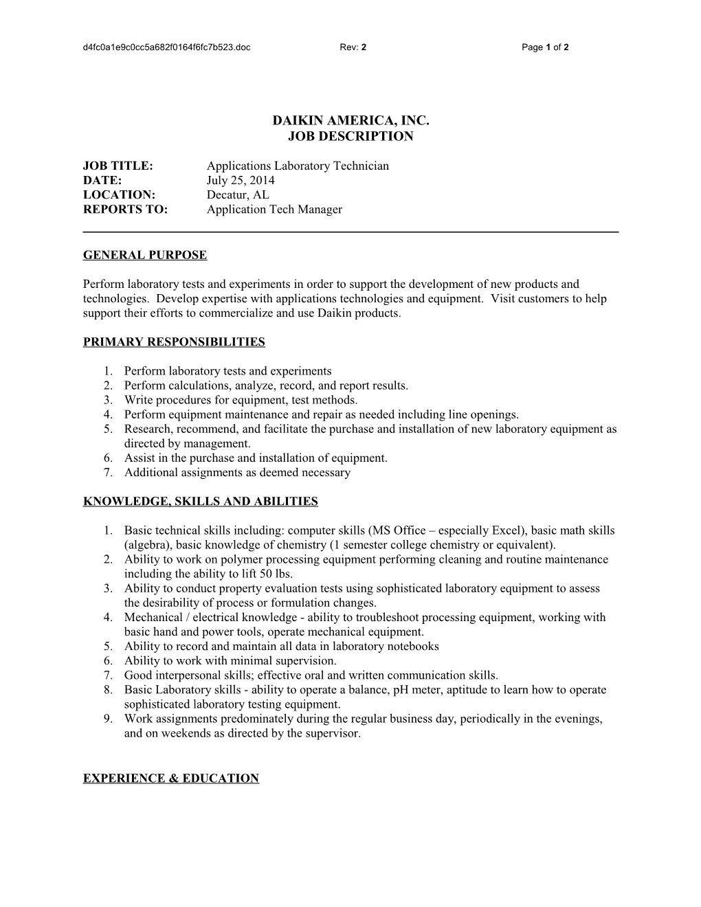 HR-0202 Applications Development Technician Rev: 2 Page 1 of 2