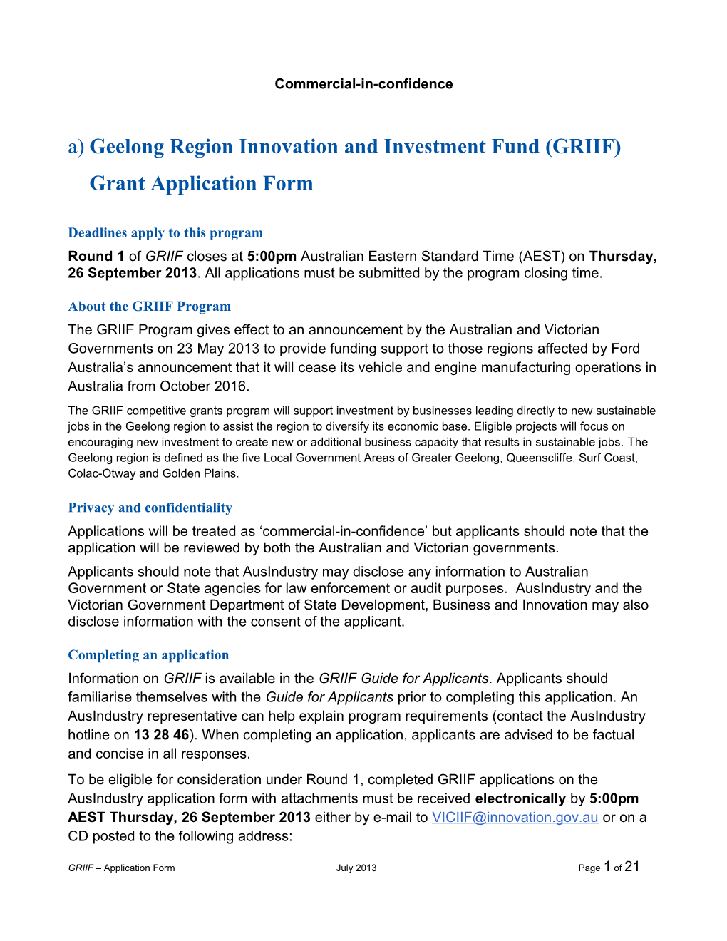 Geelong Region Innovation and Investment Fund (GRIIF) Grant Application Form