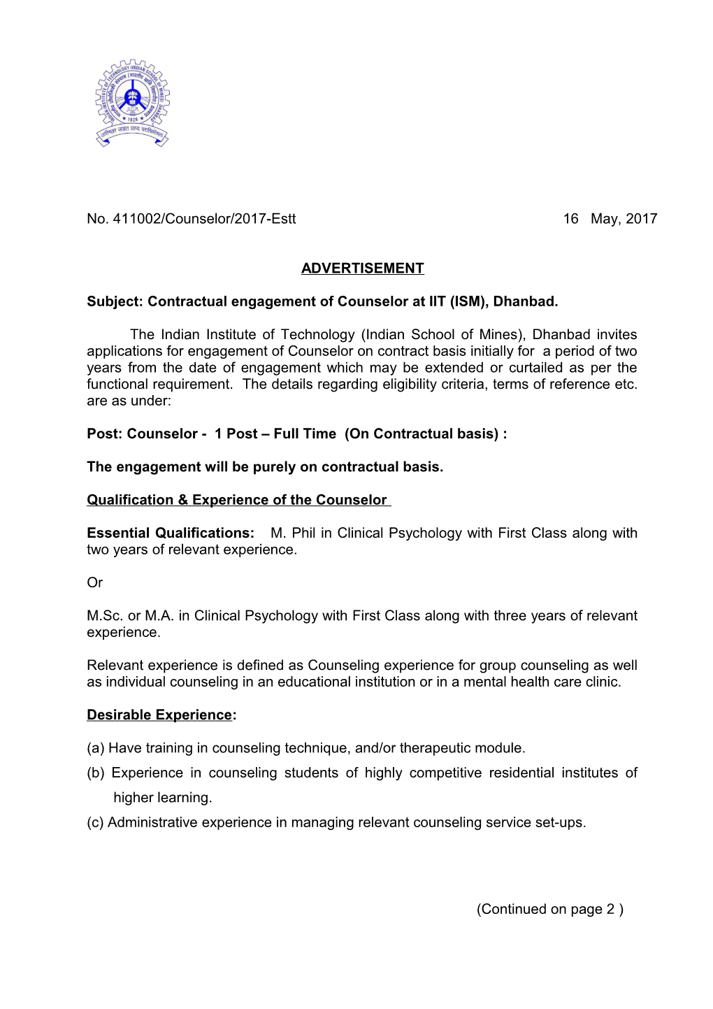 Subject: Contractual Engagement of Counselor at IIT (ISM), Dhanbad