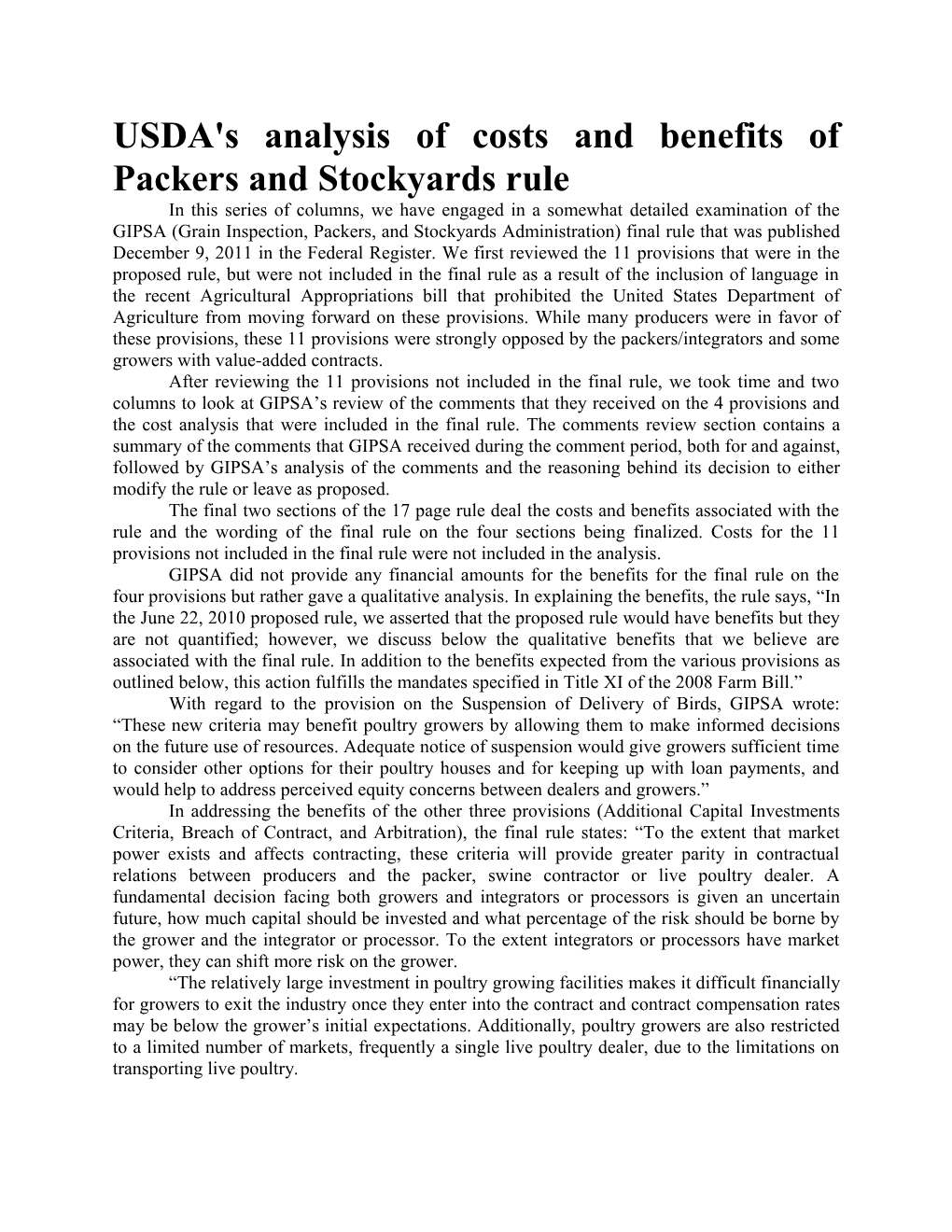 USDA's Analysis of Costs and Benefits of Packers and Stockyards Rule