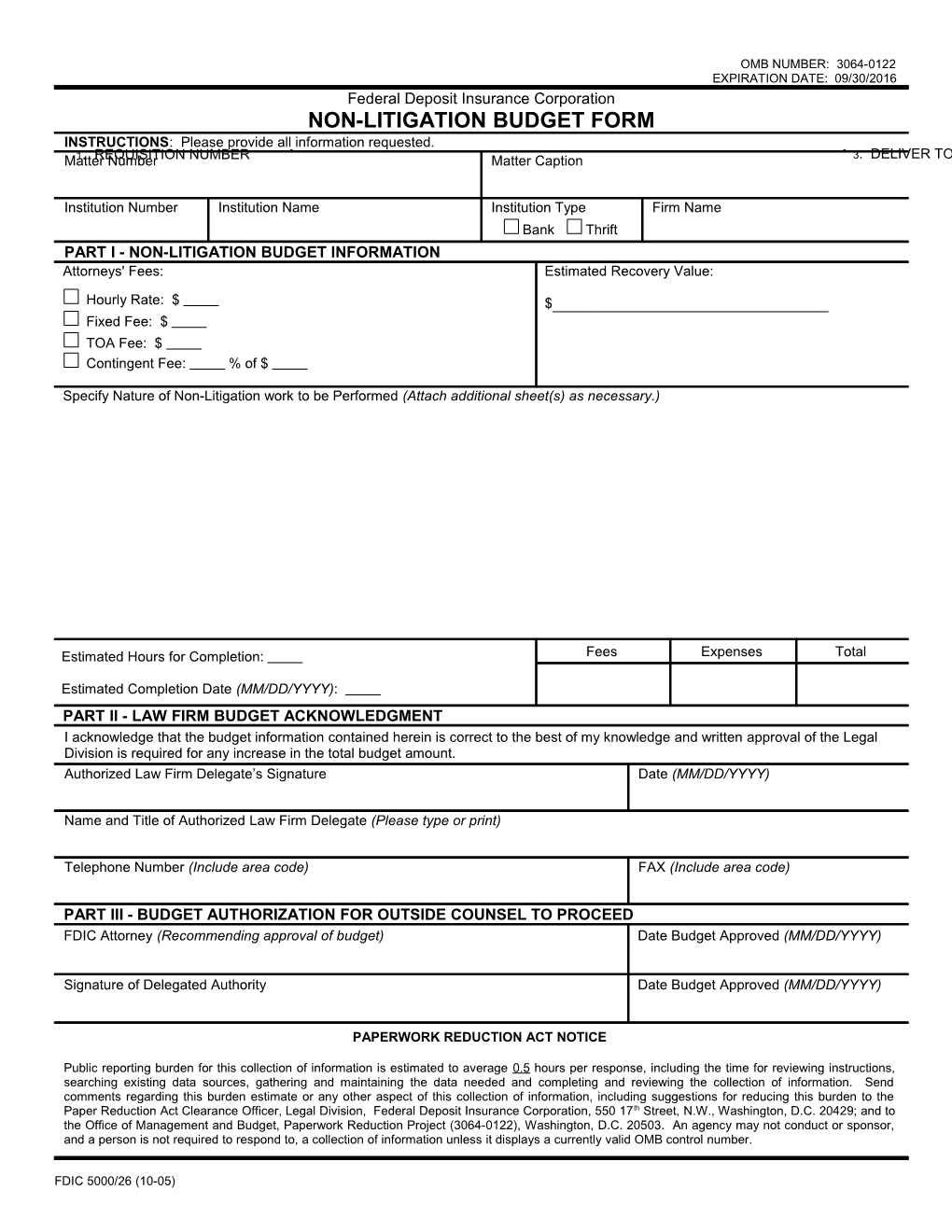 FDIC 5000/26, Non-Litigation/Transactional Budget Form