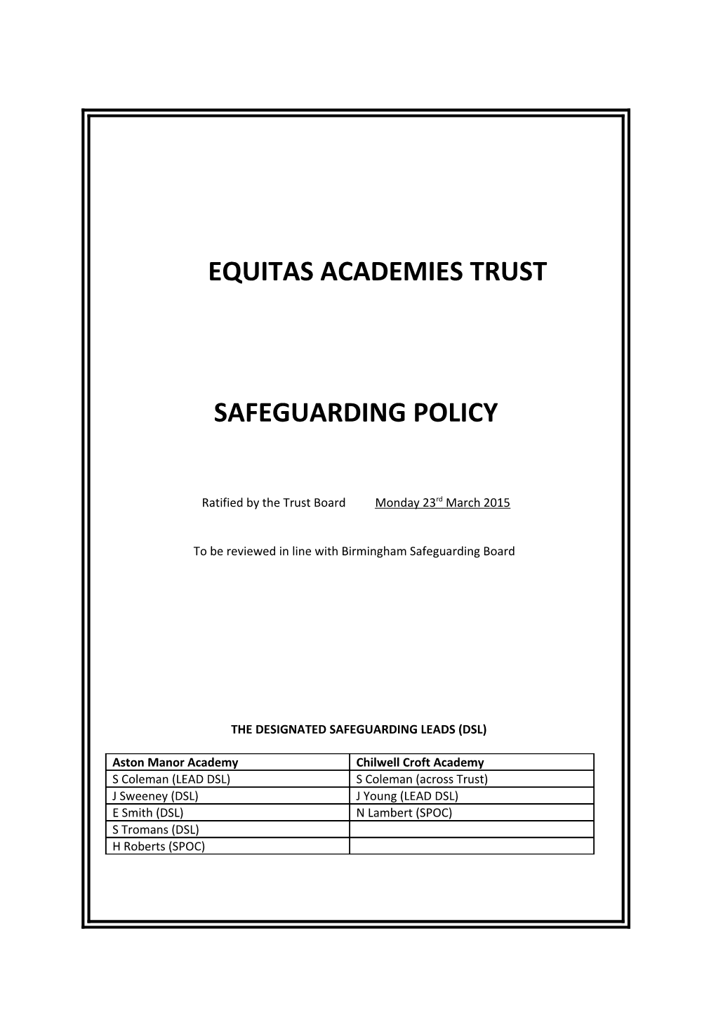 Part One: Safeguarding Policy