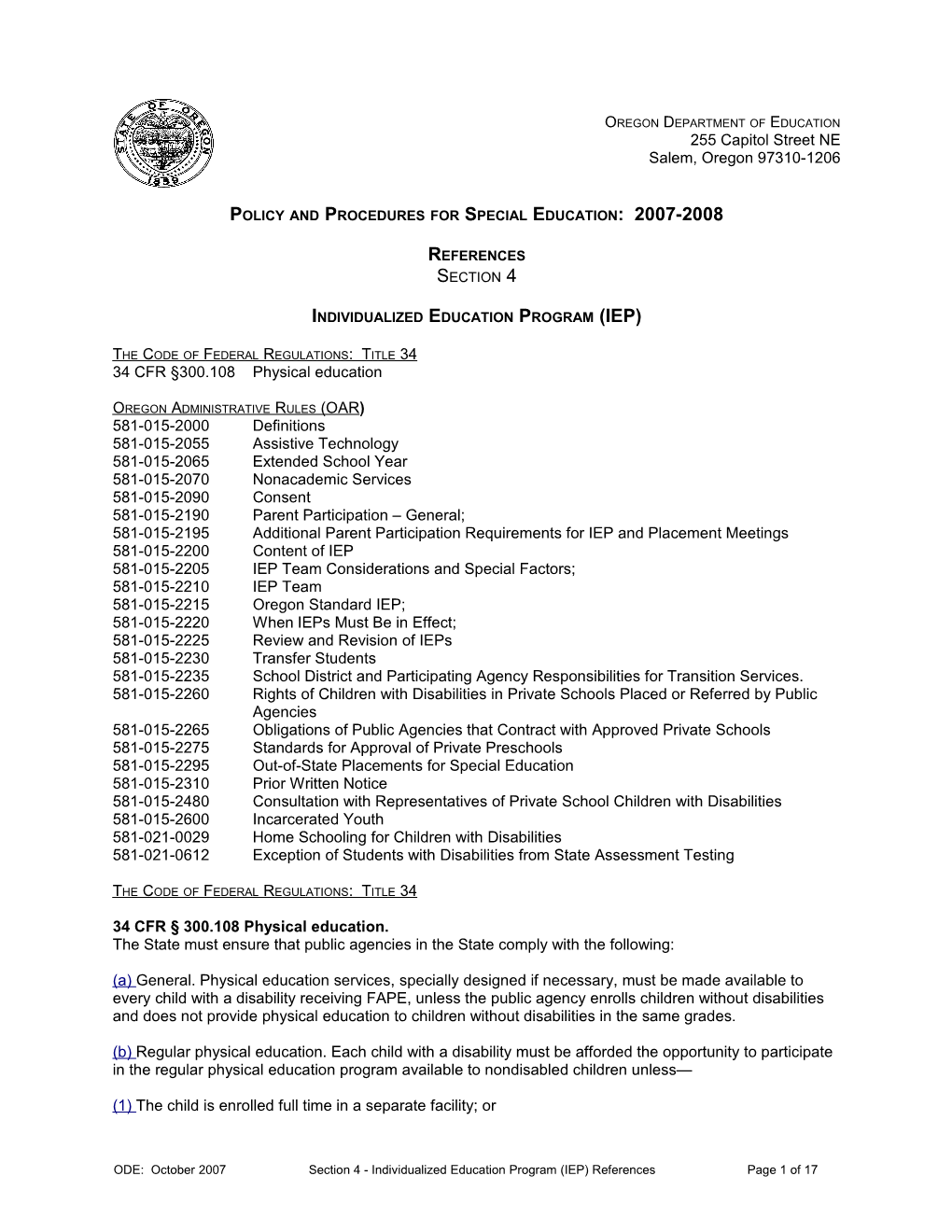 References: Section 4 - Individualized Education Program (IEP)