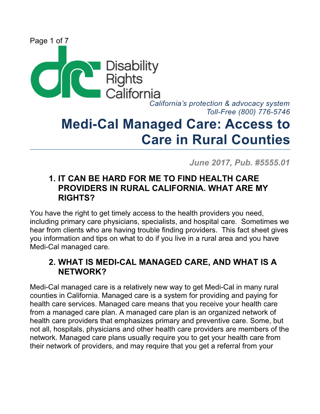 Medi-Cal Managed Care: Access to Care in Rural Counties