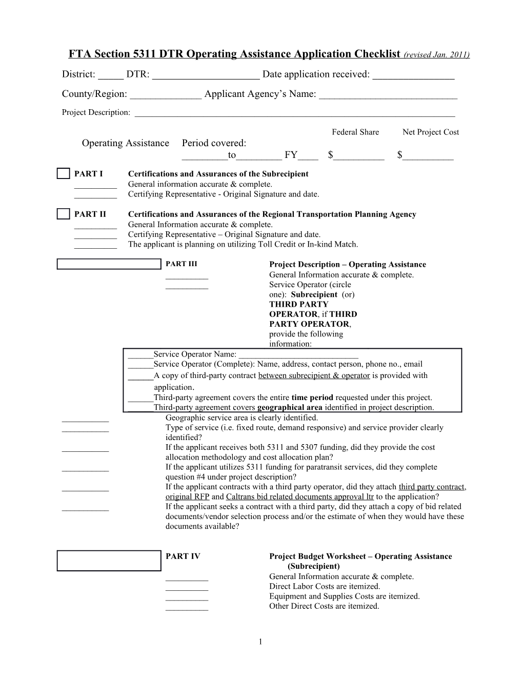 FTA Section 5311 DTR Operating Assistance Application Checklist (Revised Jan. 2011)