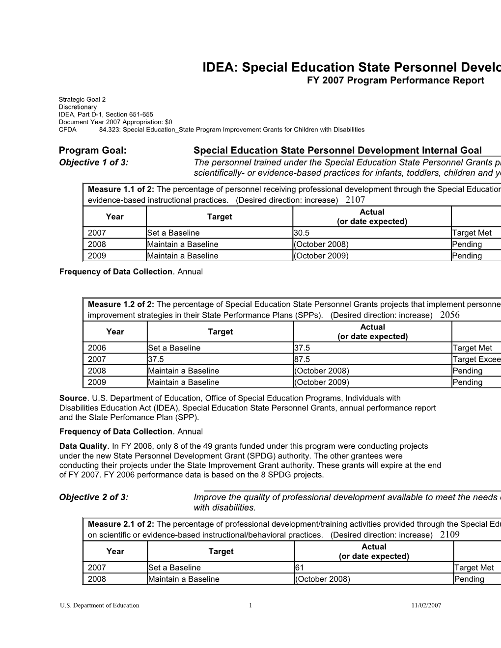 Special Education State Personnel Development Grants FY 2007 Program Performance Report