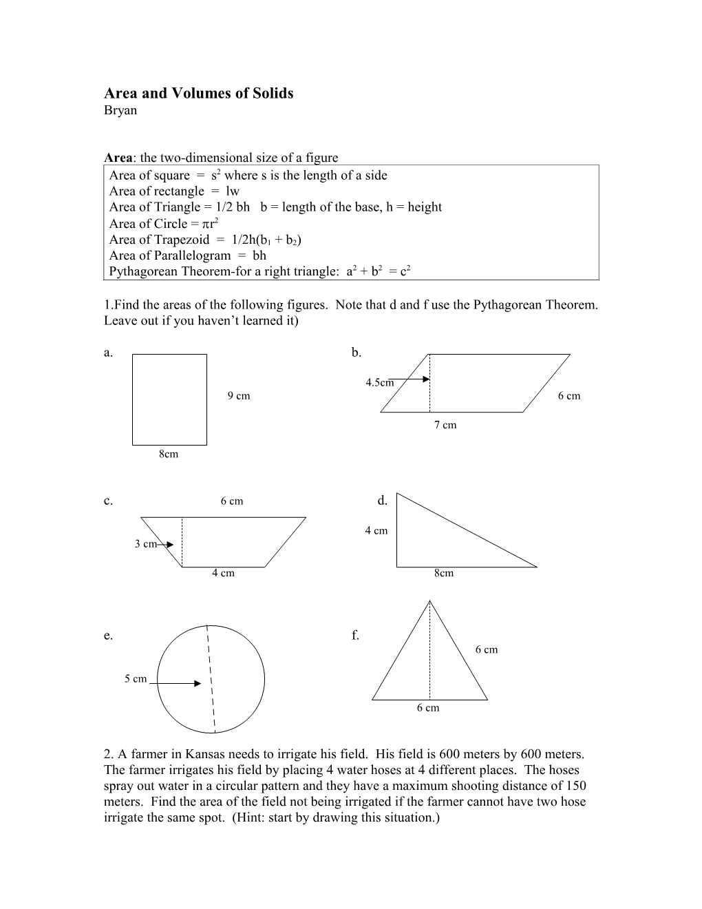 Area and Volumes of Solids