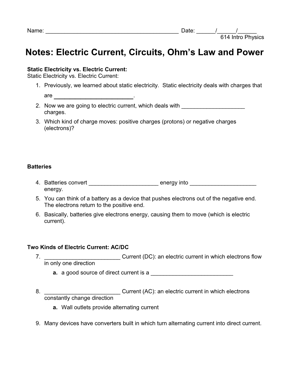 Notes: Electric Current, Circuits, Ohm S Law and Power