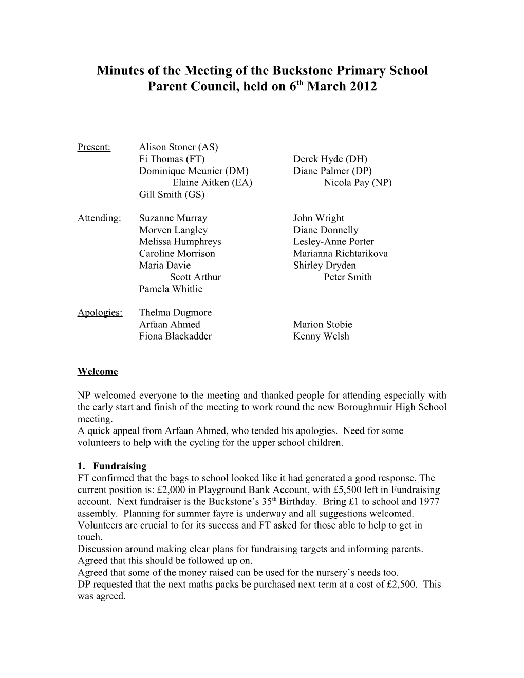 Minutes of the Meeting of the Buckstone Parent Council, Held on The