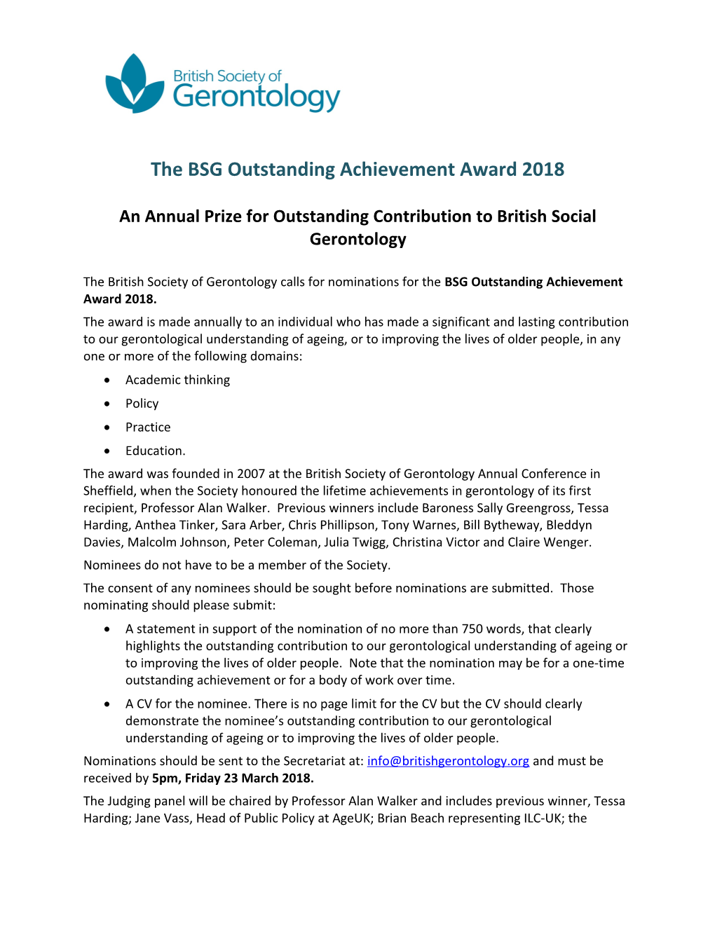 The BSG Outstanding Achievement Award 2018