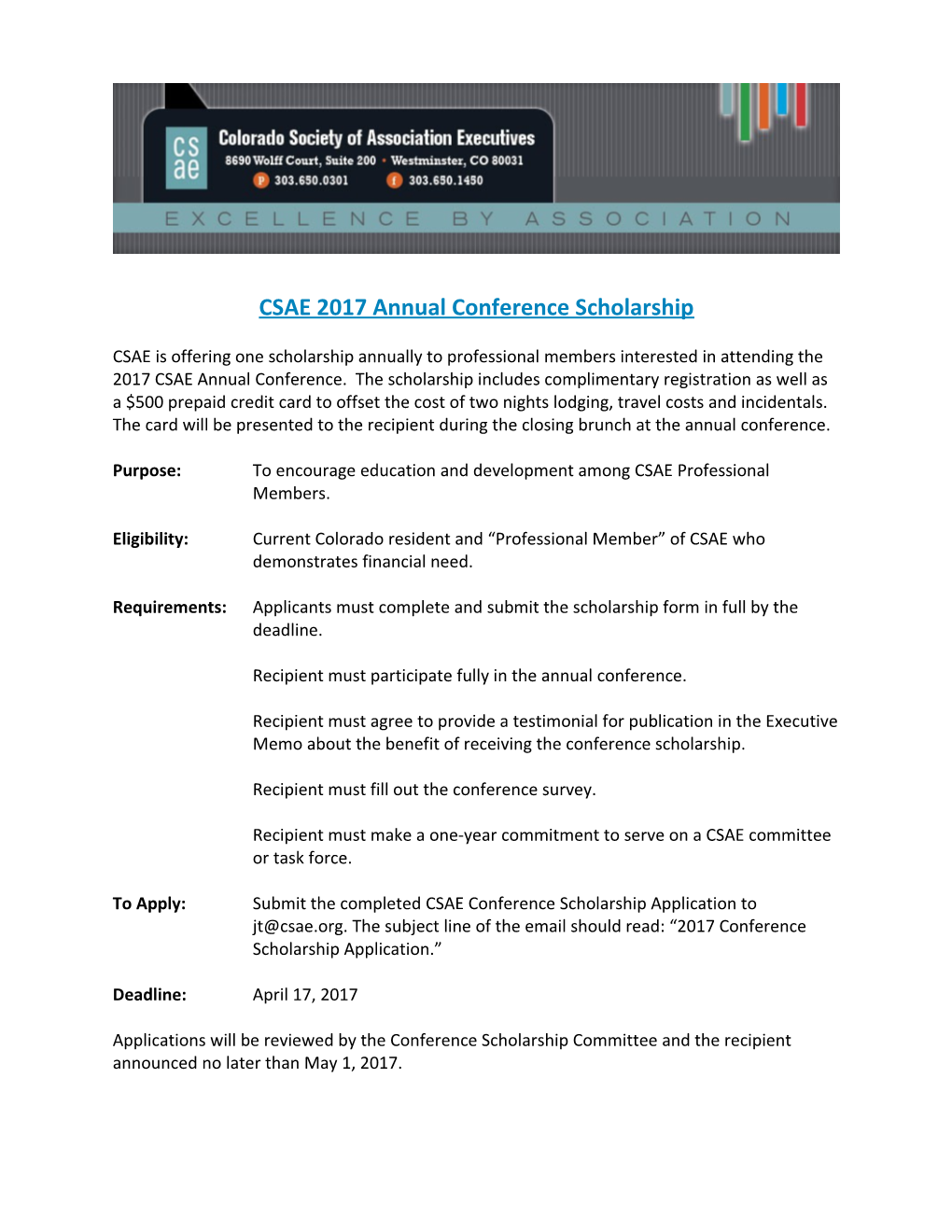CSAE 2017Annual Conference Scholarship