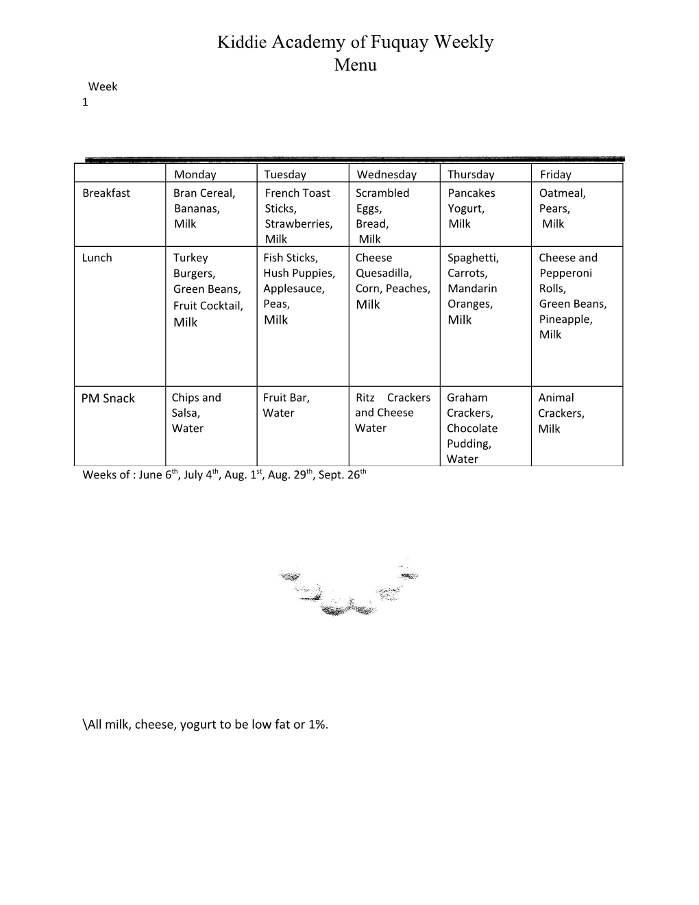 Kiddie Academy of Fuquay Weekly Menu