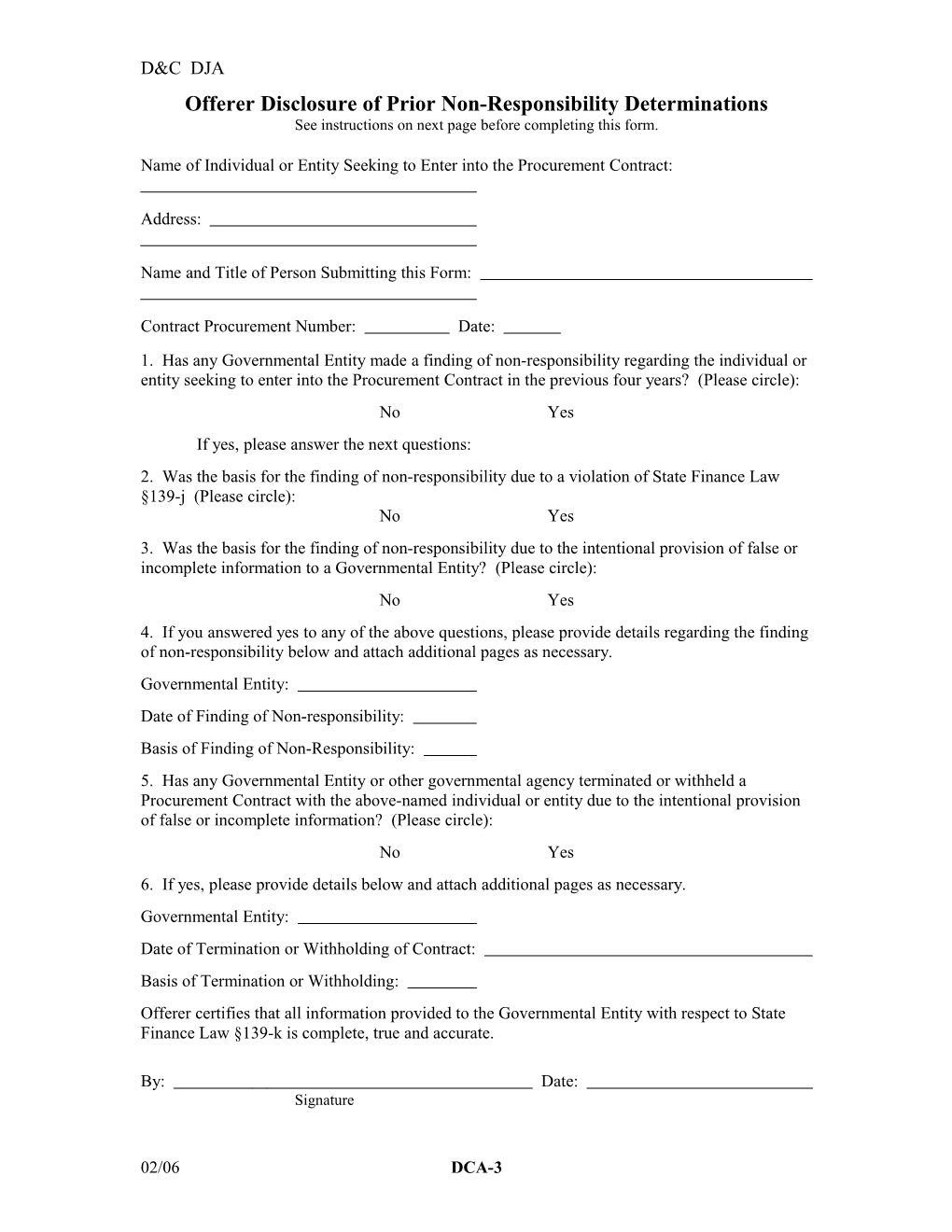 Form 2 - Contractor Disclosure of Prior Non-Responsibility Determinations