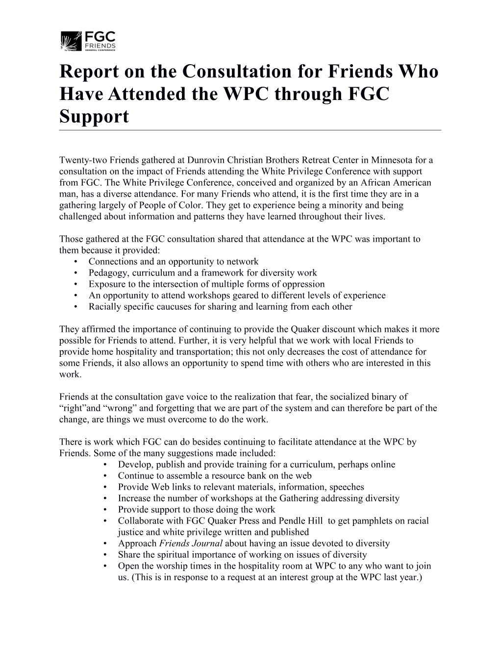 Report on the Consultation for Friends Who Have Attended the WPC Through FGC Support