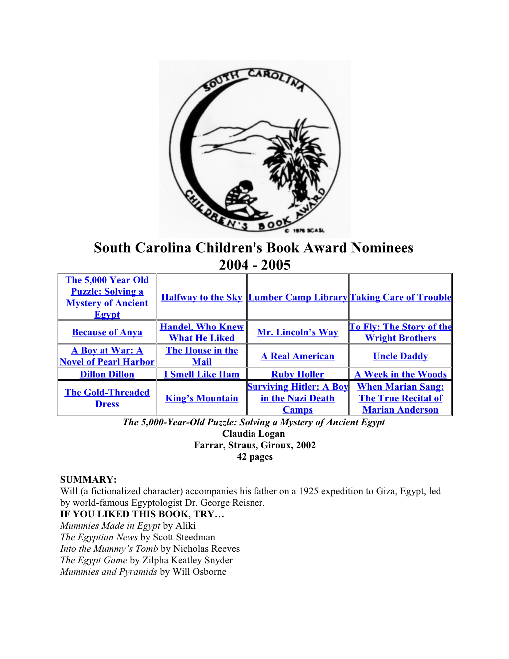 South Carolinachildren's Book Award Nominees 2004 - 2005