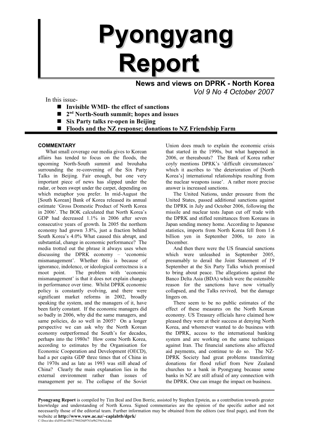 Pyongyang Report Vol 9 No 4, October 2007