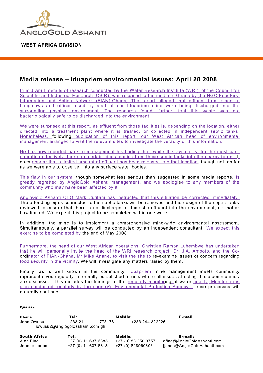 Media Release Iduapriem Environmental Issues; April 28 2008