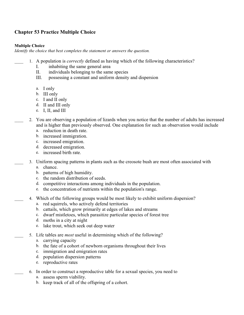 Chapter 53 Practice Multiple Choice